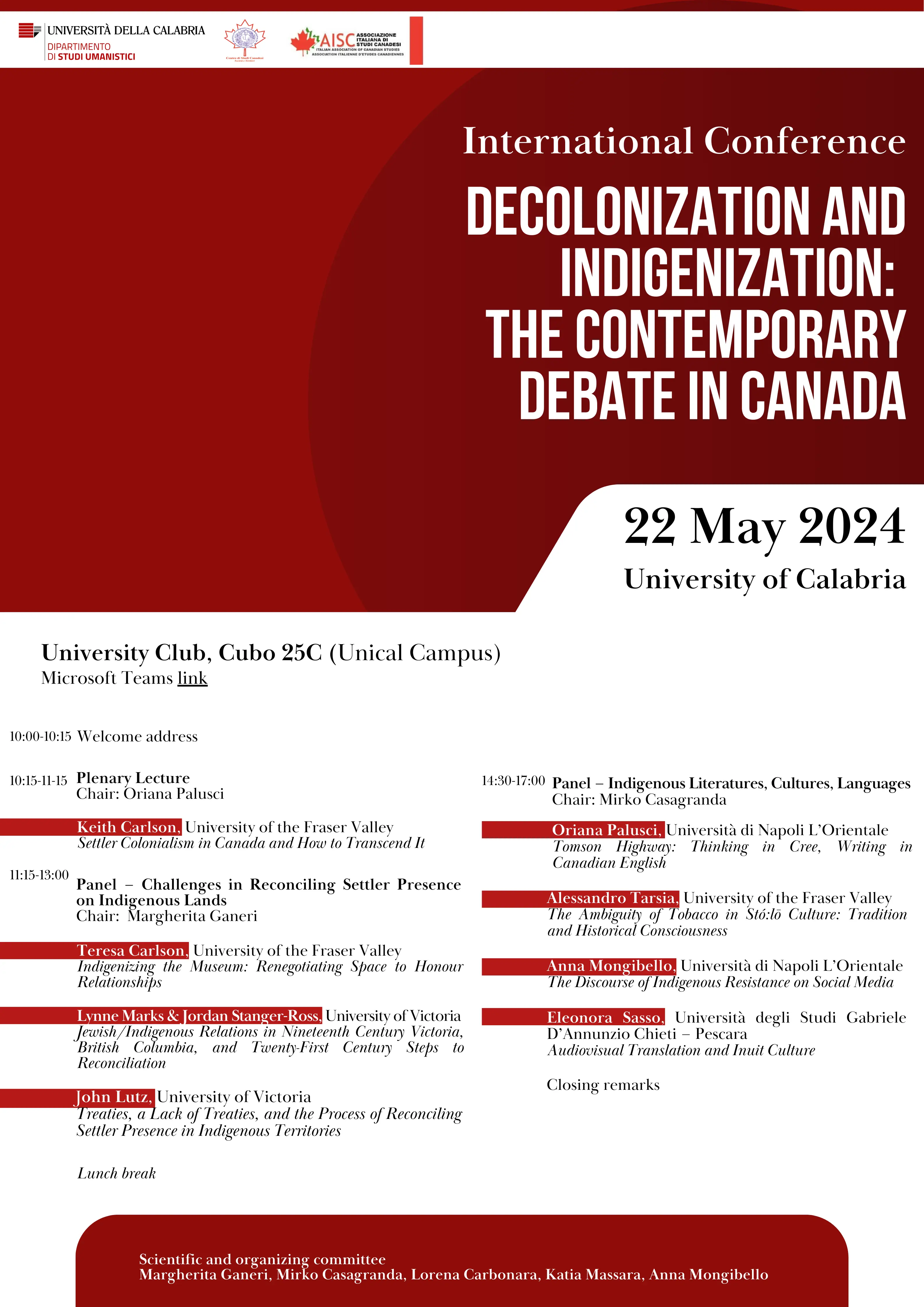 Locandina convegno "Decolonization and indigenization: the contemporary debate in Canada"